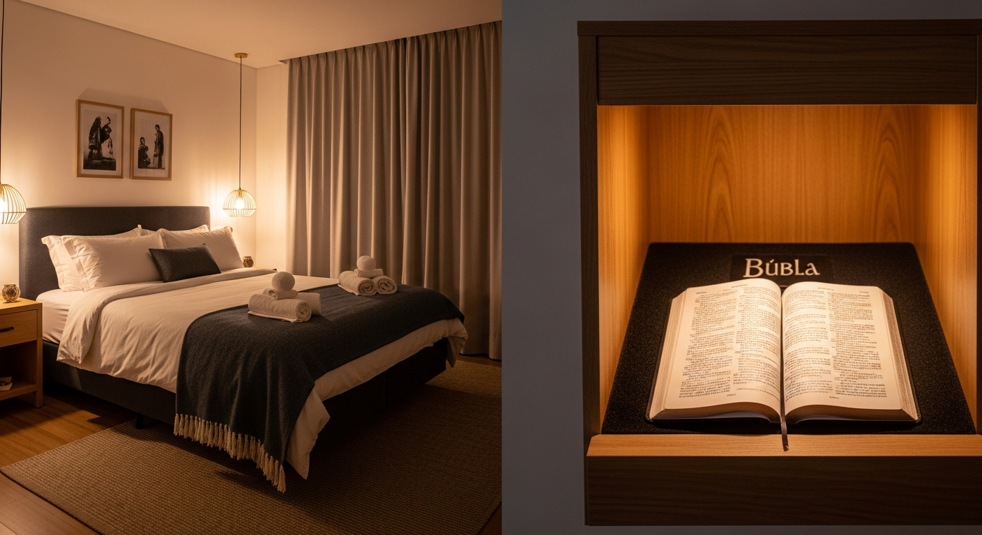 Bíblia aberta em um criado-mudo ao lado da cama, simbolizando a preparação para a oração para dormir em paz.