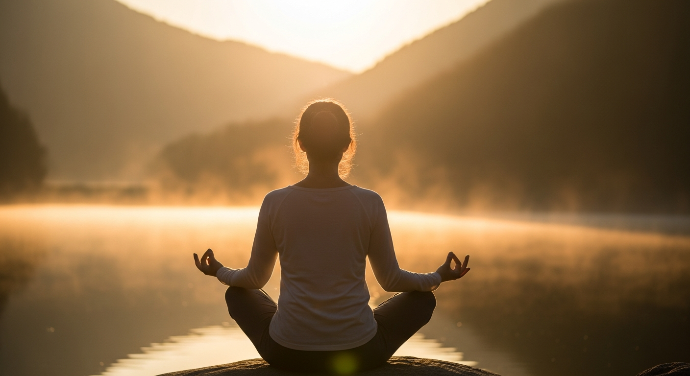Uma pessoa em atitude de oração serena ao nascer do sol, simbolizando a busca por força e paz interior.