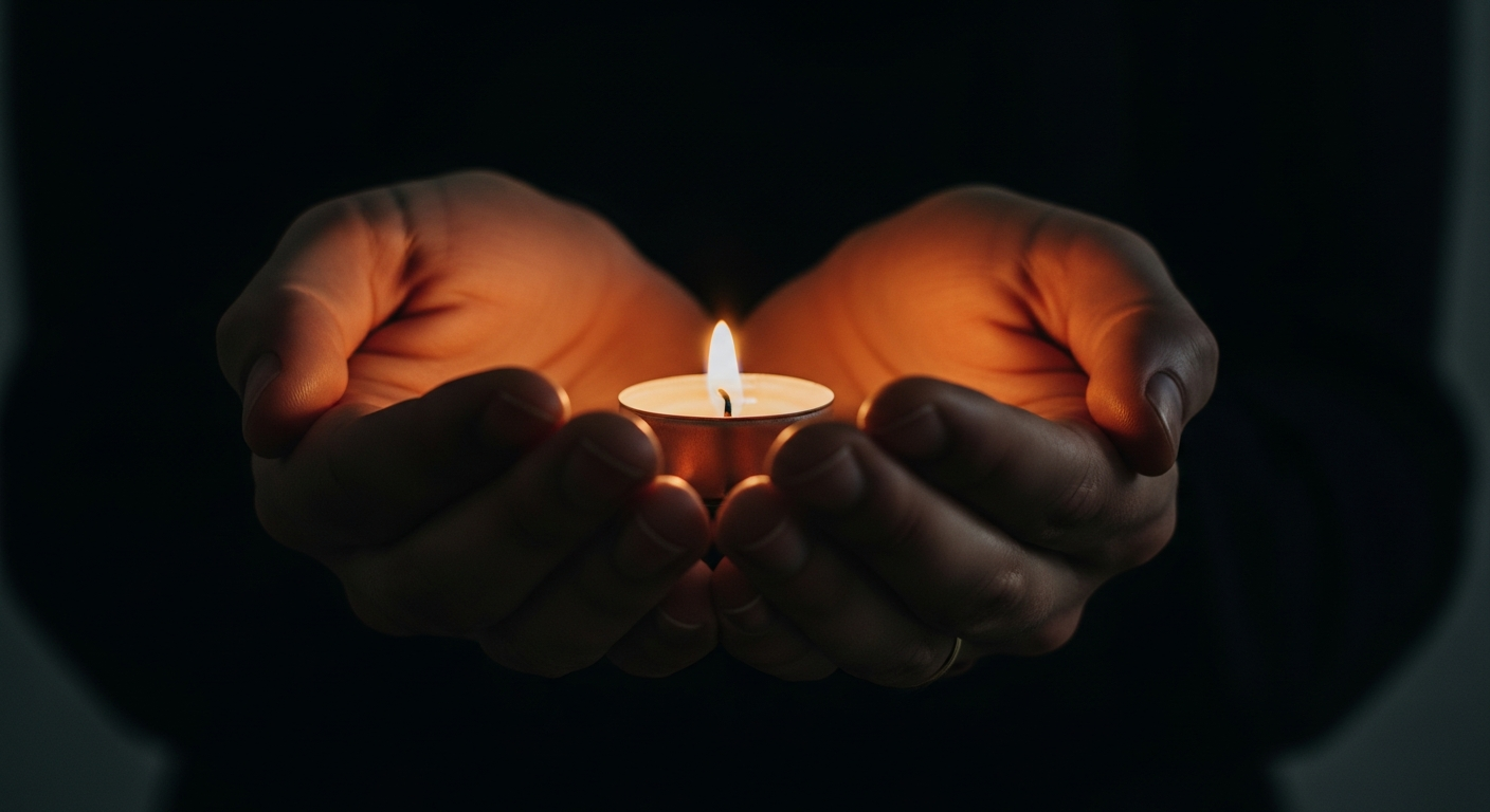 Mãos segurando uma vela acesa, simbolizando a fé e a esperança na prática da oração.