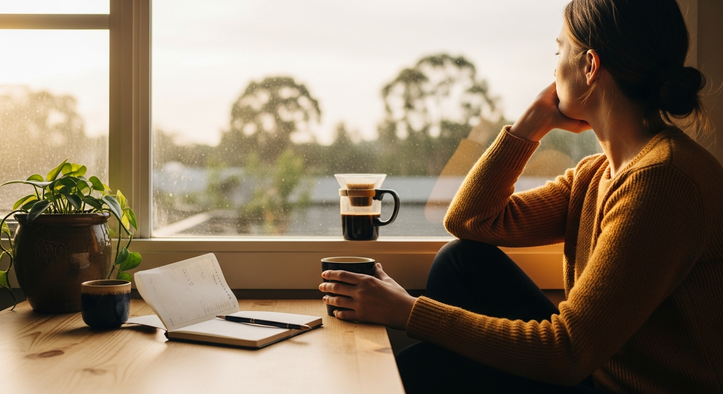 Pessoa em um momento de reflexão matinal, pronta para começar a prática da oração.