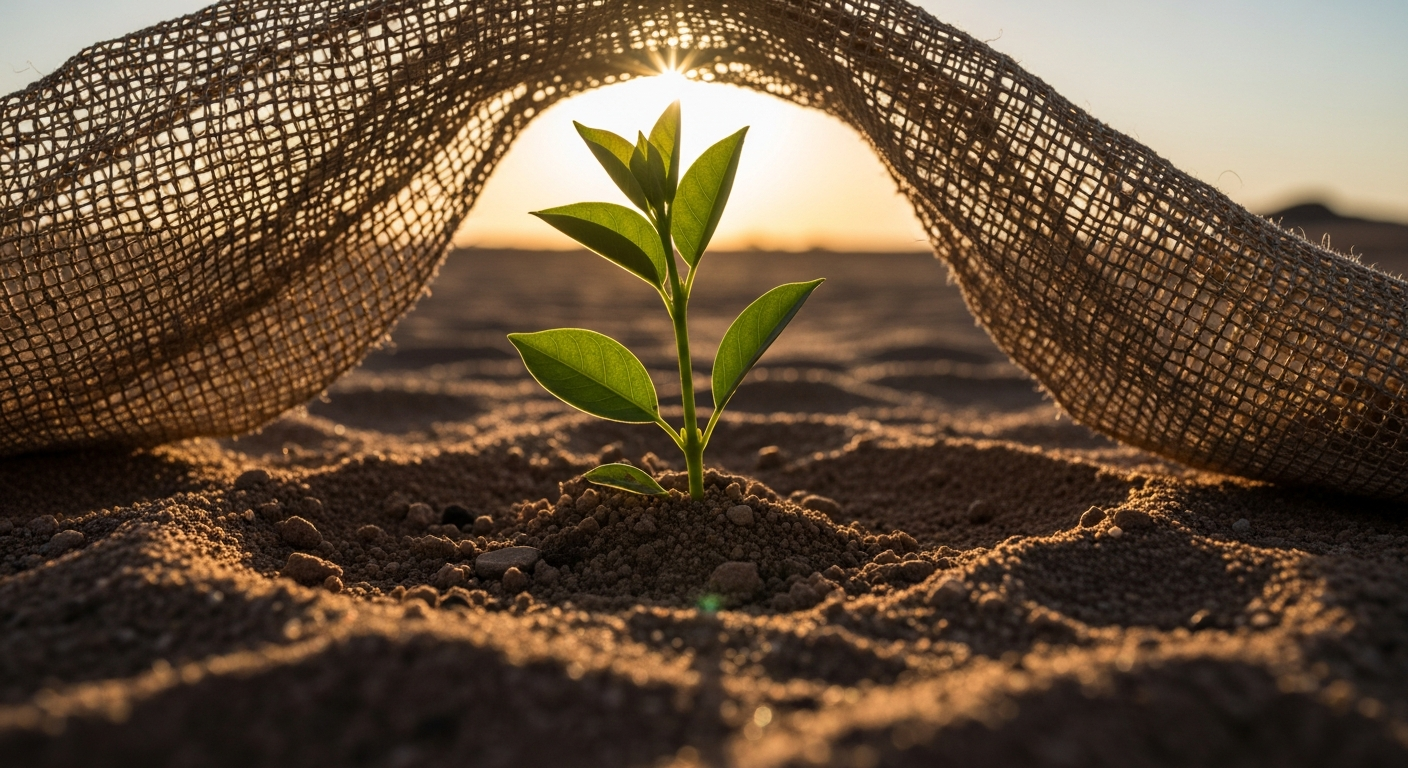 Planta brotando em solo seco, simbolizando a esperança e a força que a oração pode trazer em momentos de fraqueza.